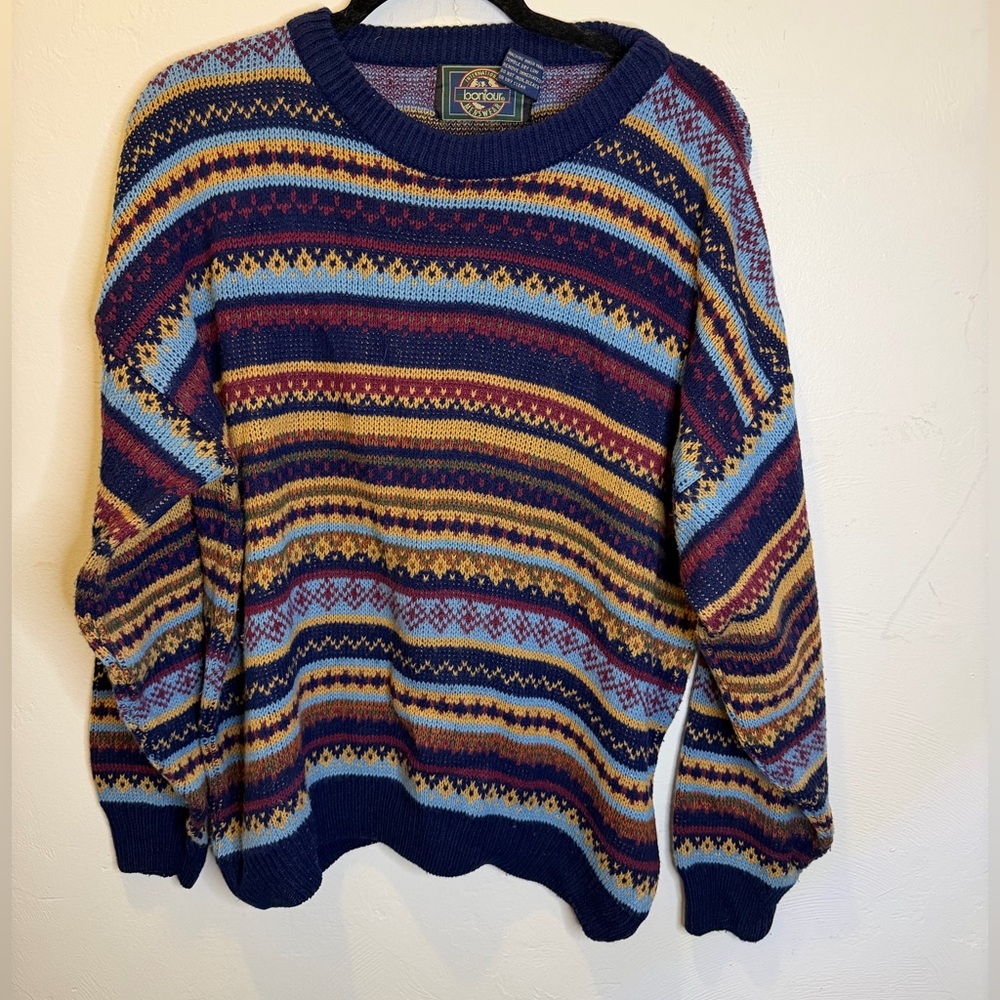 Vintage Bonjour International Fair Isle Sweater – Blue Multicolor Knit (L)
